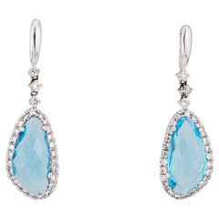 Blue Topaz Diamond Small Drop Earrings Estate 14k White Gold Fine Jewelry