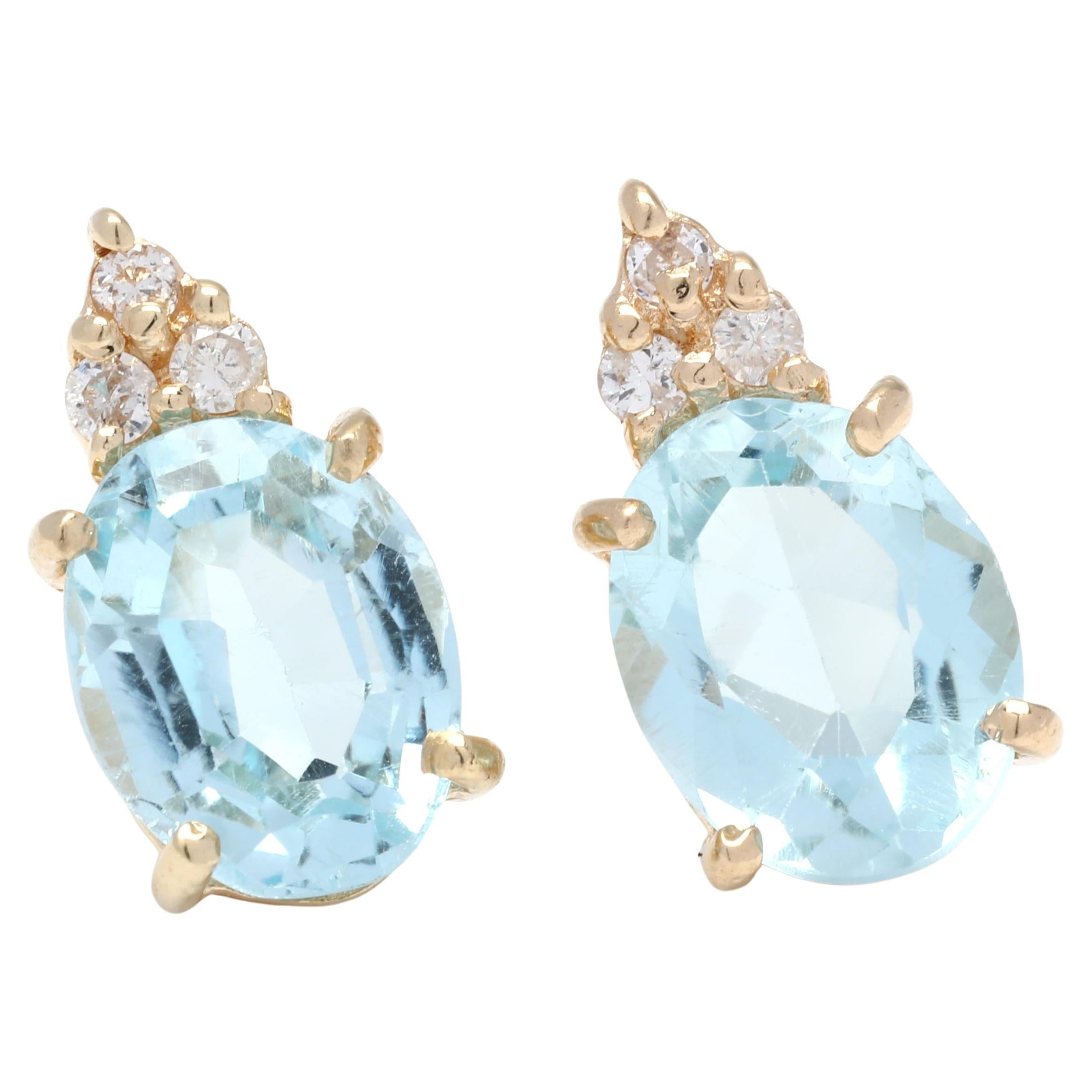Blue Topaz Diamond Stud Earrings, 14K Yellow Gold, Length 11.5 MM, Small Blue  For Sale