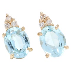 Blautopas-Diamant-Ohrstecker, 14K Gelbgold, Länge 11,5 MM, klein blau