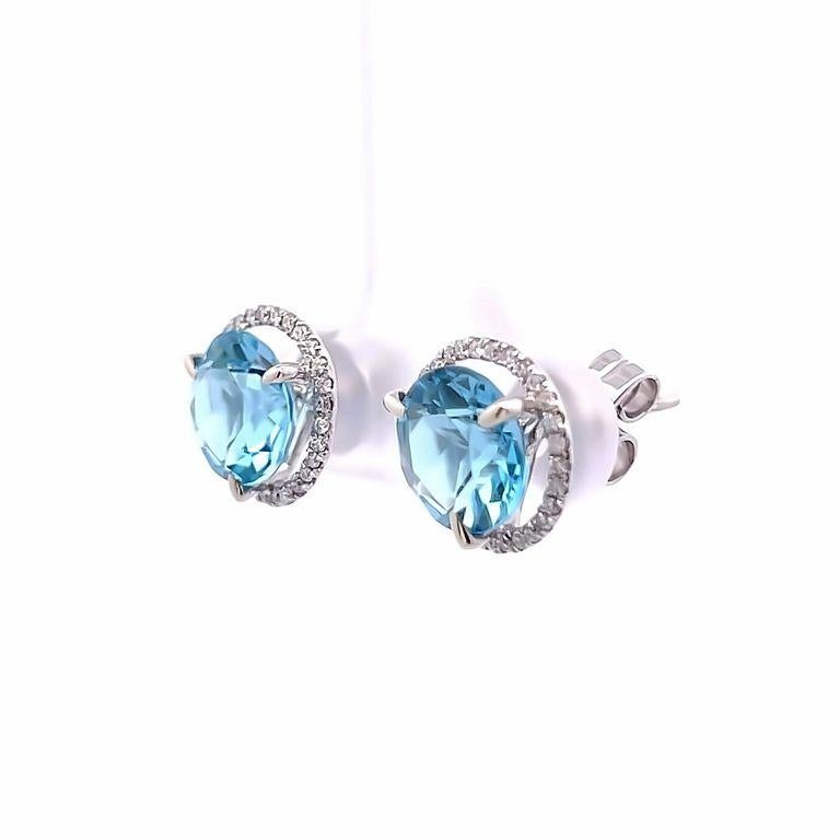 Modern Blue Topaz & Diamond Studs Earrings 5.10ct D.25ct 14k WG  For Sale