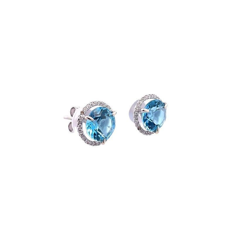 Blue Topaz & Diamond Studs Earrings 5.10ct D.25ct 14k WG  In New Condition For Sale In New York, NY