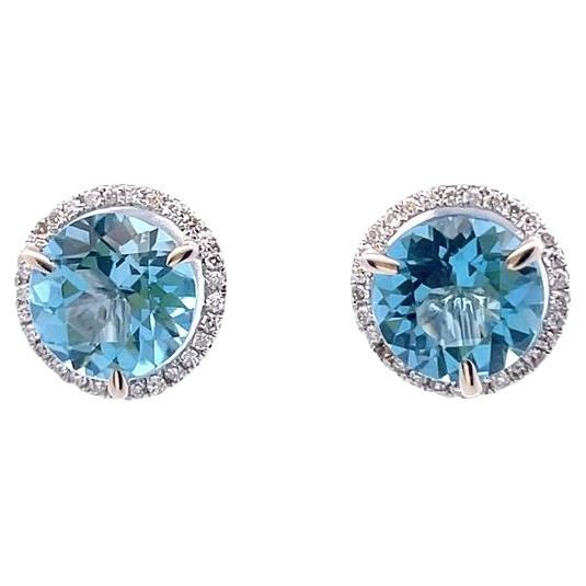 Blue Topaz & Diamond Studs Earrings 5.10ct D.25ct 14k WG  For Sale