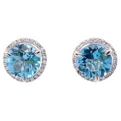 Blue Topaz & Diamond Studs Earrings 5.10ct D.25ct 14k WG 