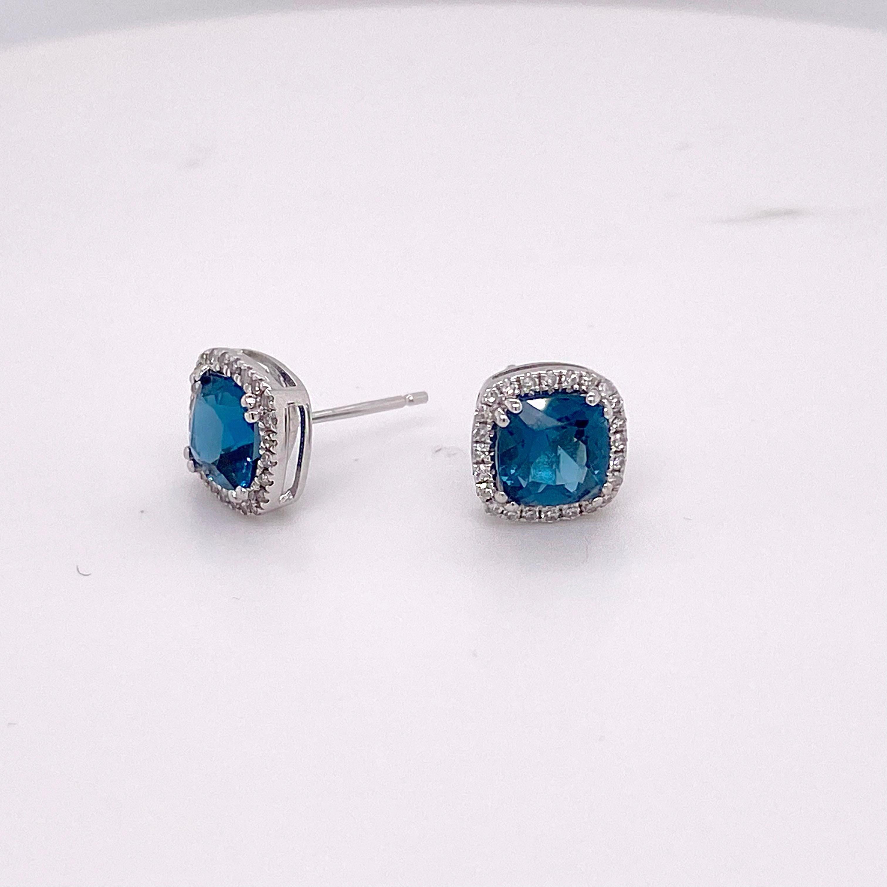 Modern Blue Topaz Diamond Studs Earrings, Halo of Diamonds, White Gold, Cushion Topaz