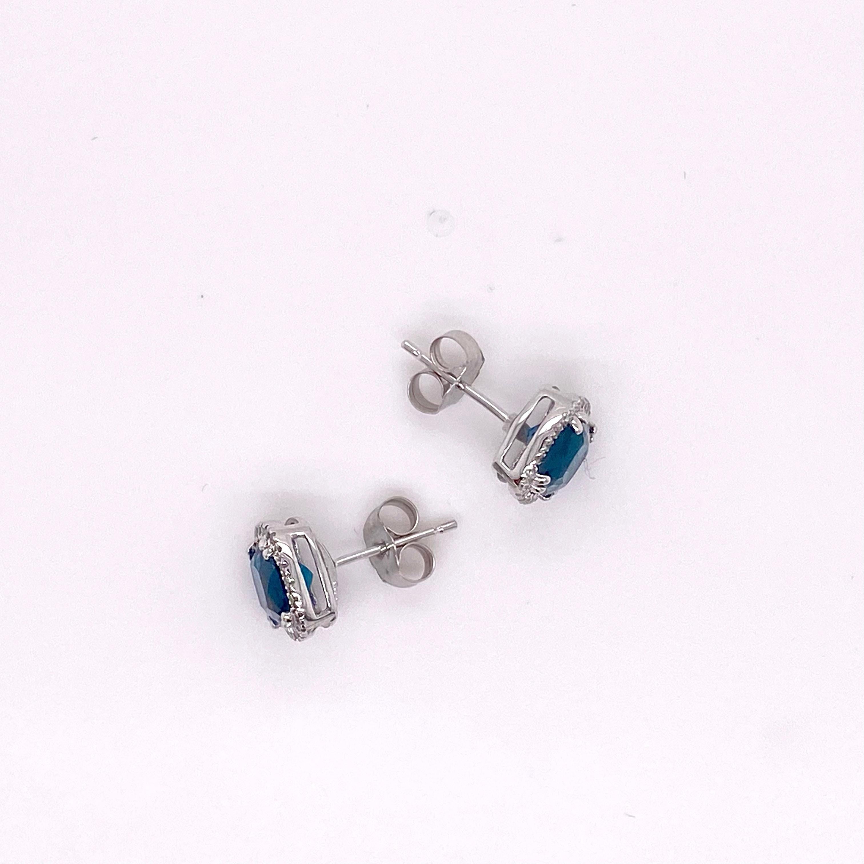 Blue Topaz Diamond Studs Earrings, Halo of Diamonds, White Gold, Cushion Topaz In New Condition In Austin, TX