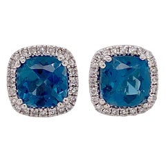 Blue Topaz Diamond Studs Earrings, Halo of Diamonds, White Gold, Cushion Topaz