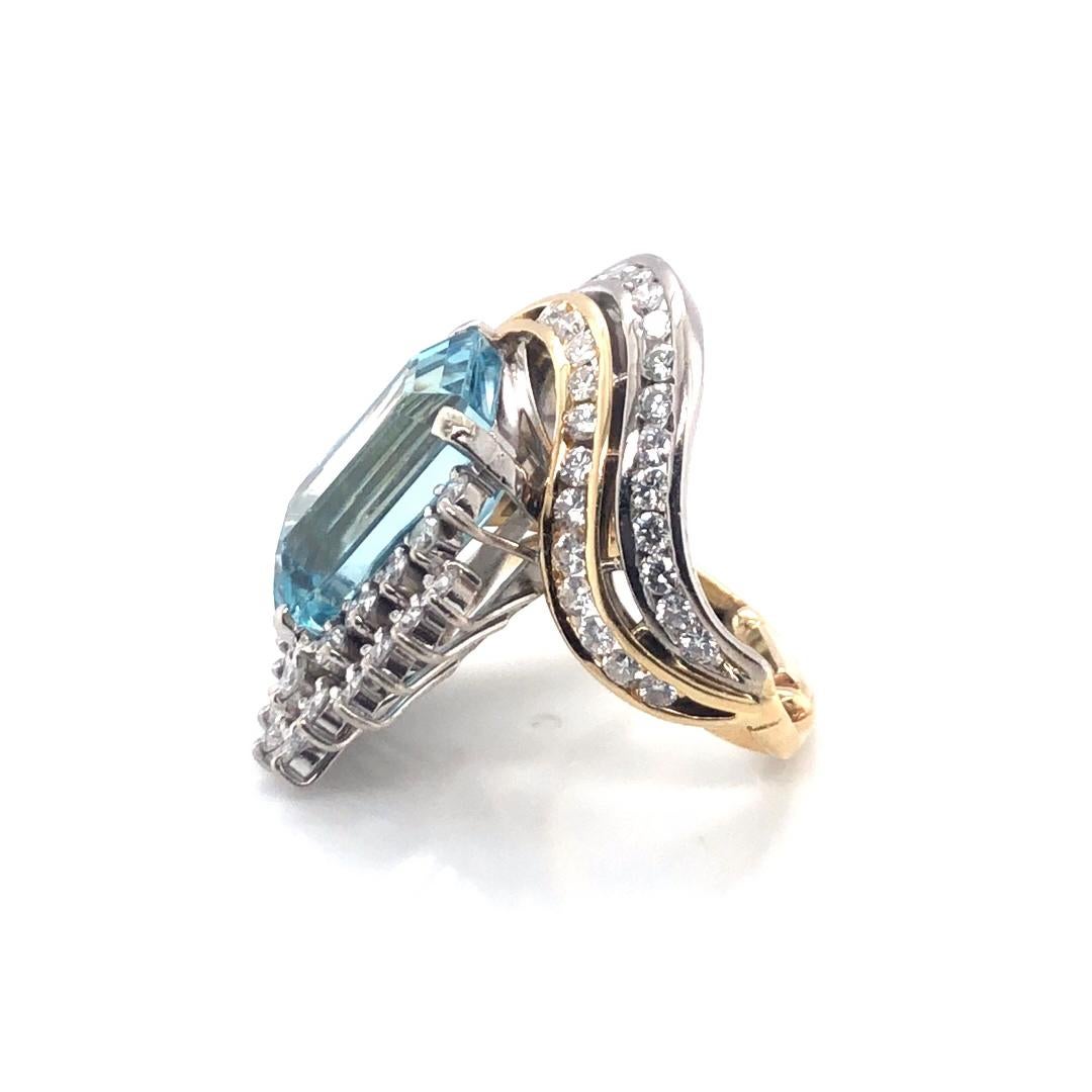 Emerald Cut Blue Topaz Diamond Swirl Ring 18K Two Tone Gold