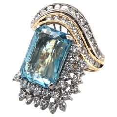 Vintage Blue Topaz Diamond Swirl Ring 18K Two Tone Gold