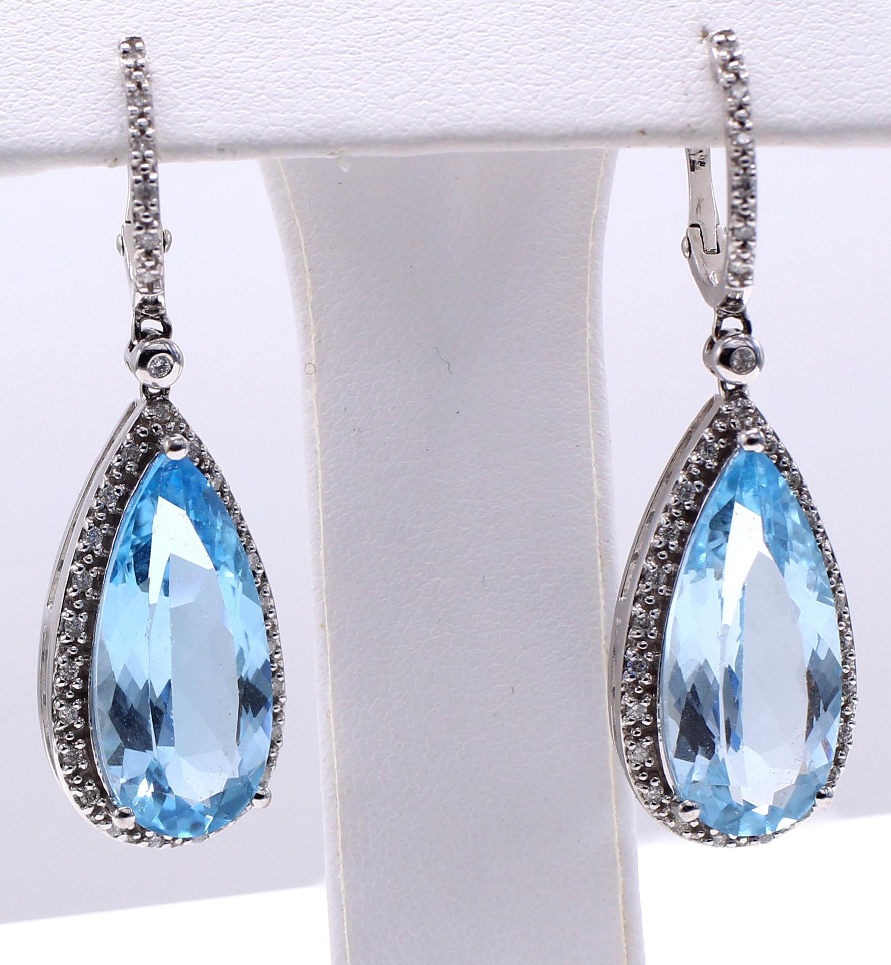 Mixed Cut Blue Topaz Diamond White Gold Ear Pendants For Sale