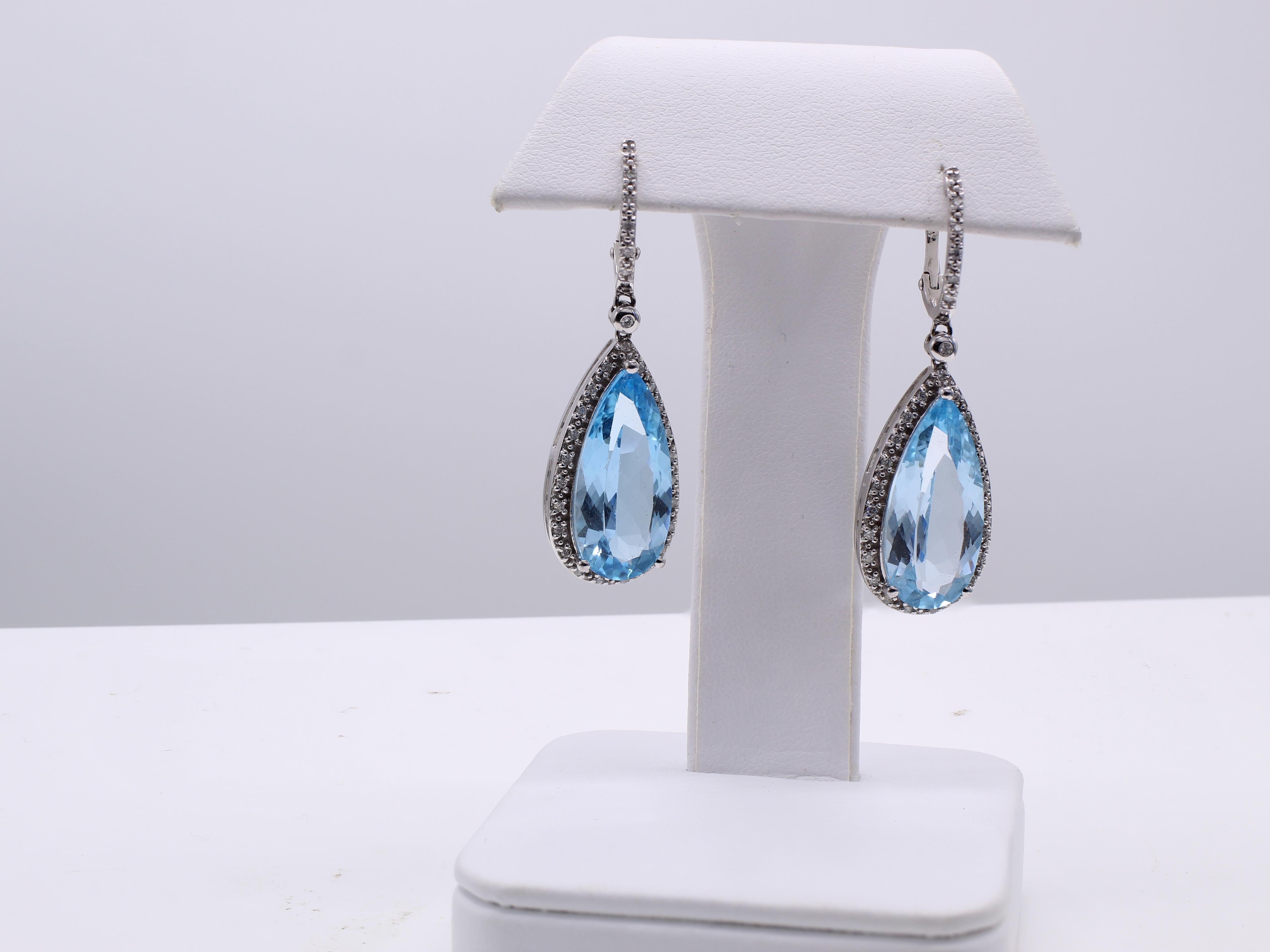 Blue Topaz Diamond White Gold Ear Pendants In Excellent Condition For Sale In New York, NY
