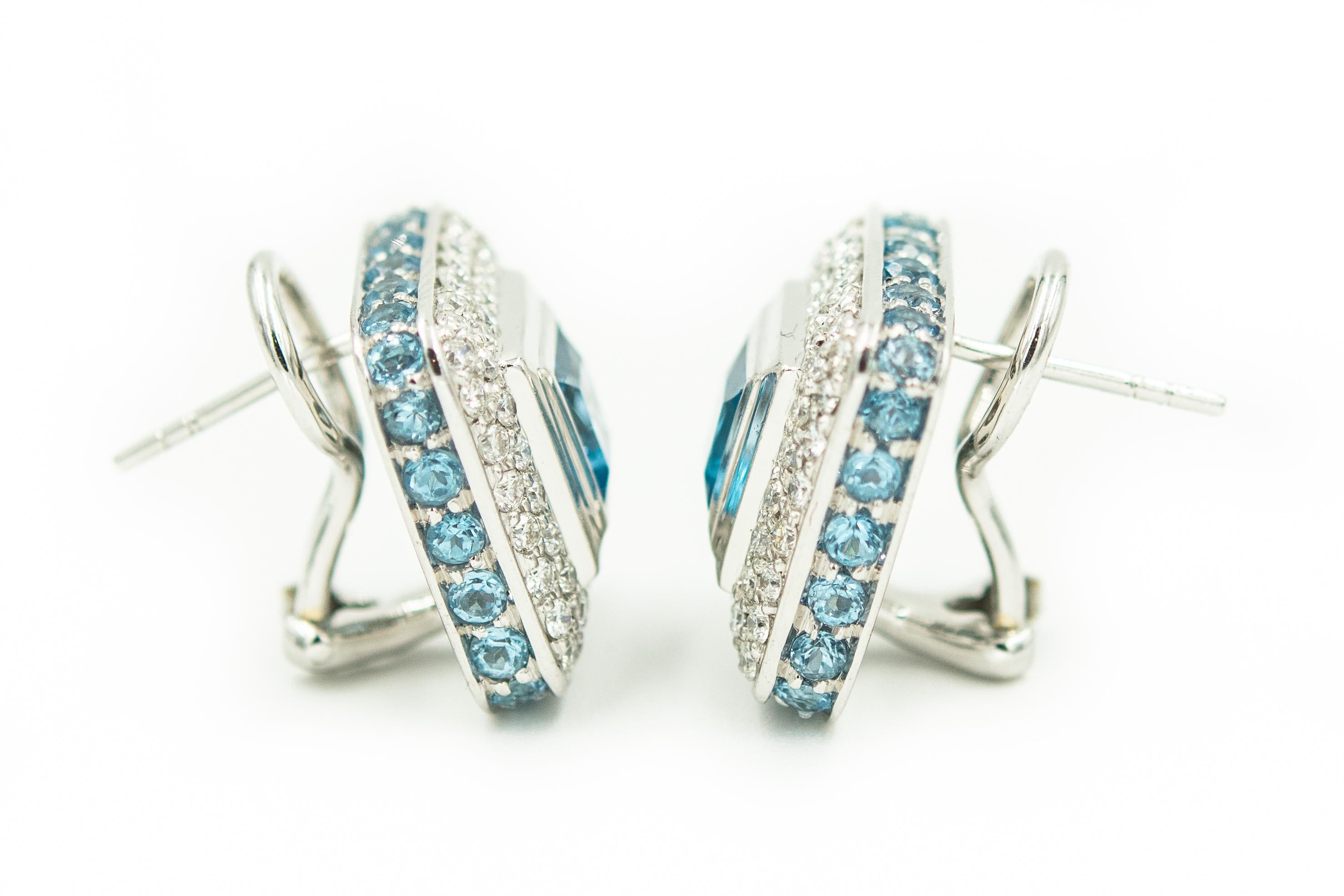 Round Cut Blue Topaz Diamond White Gold Square Earrings For Sale