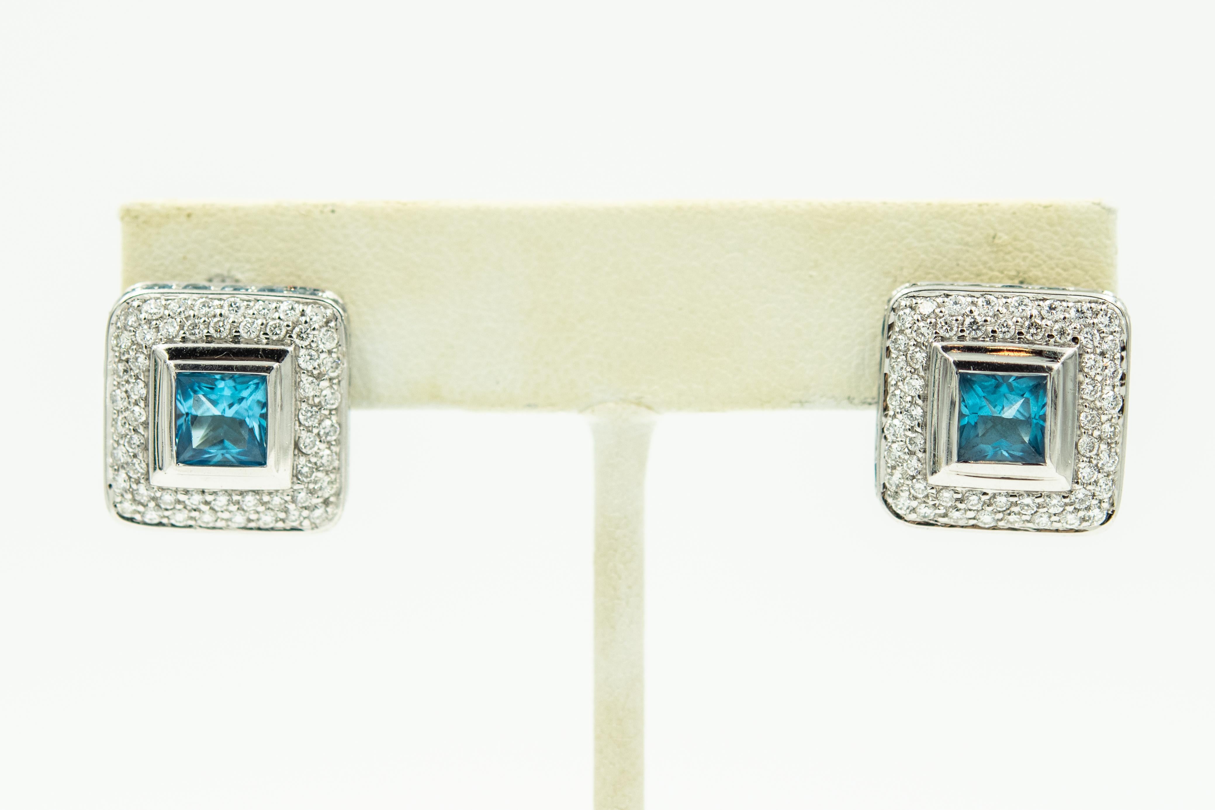 Women's Blue Topaz Diamond White Gold Square Earrings For Sale