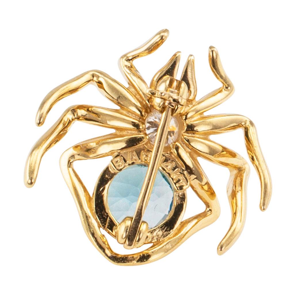 Modern Blue Topaz Diamond Yellow Gold Spider Brooch