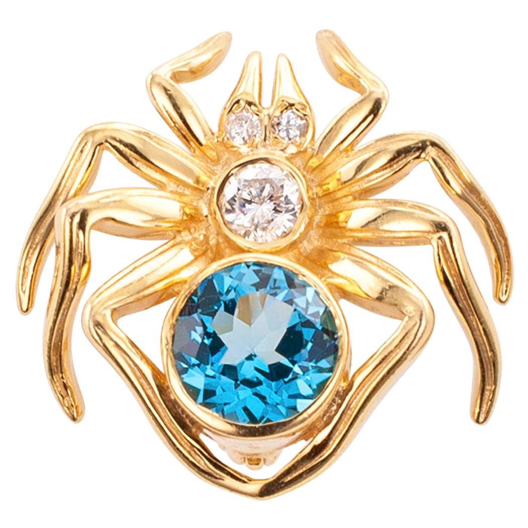 Blue Topaz Diamond Yellow Gold Spider Brooch