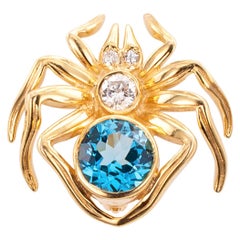 Blue Topaz Diamond Yellow Gold Spider Brooch