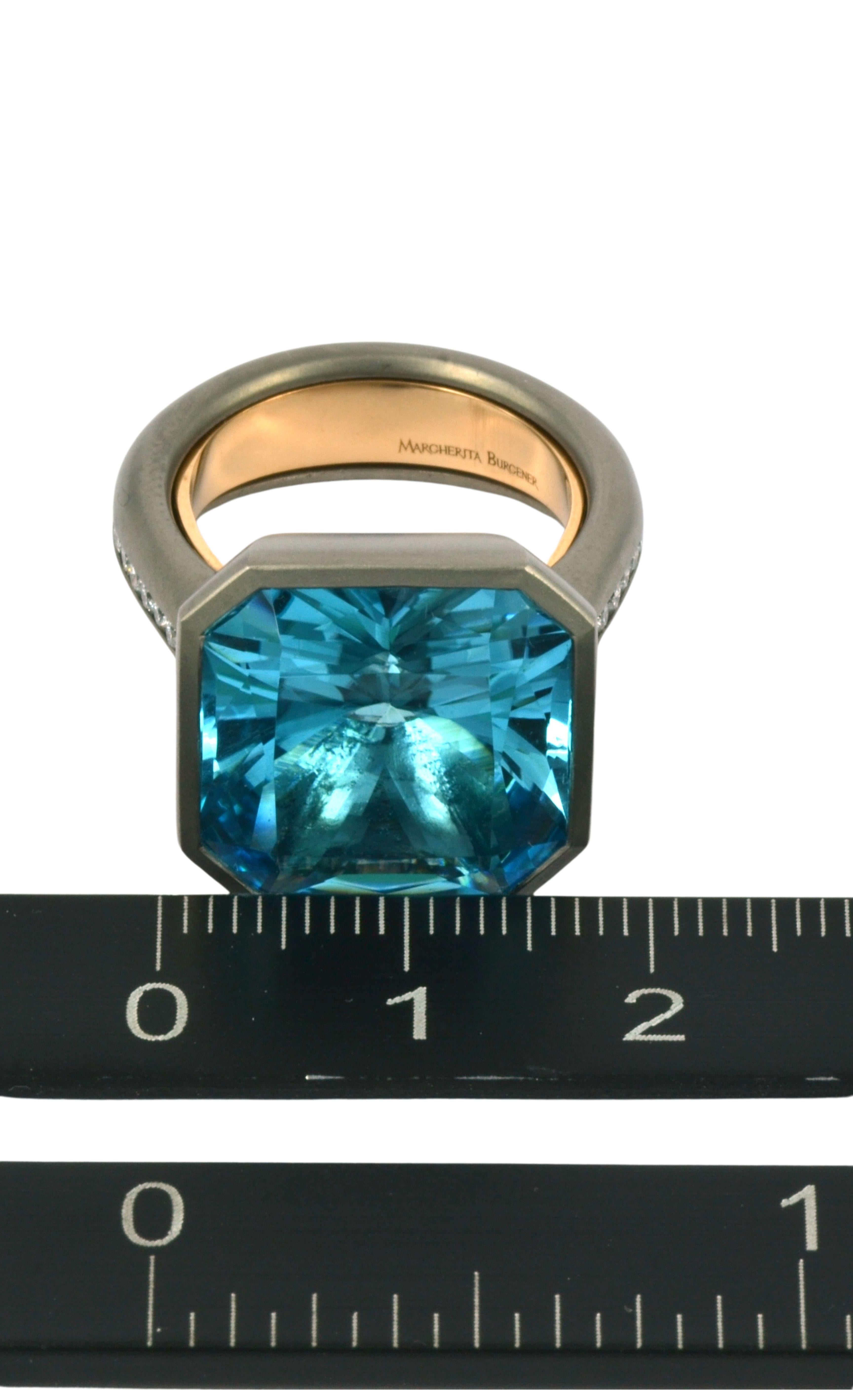 Blue Topaz Diamonds 18 KT Rose Gold Titanium Made in Italy Ring 4
