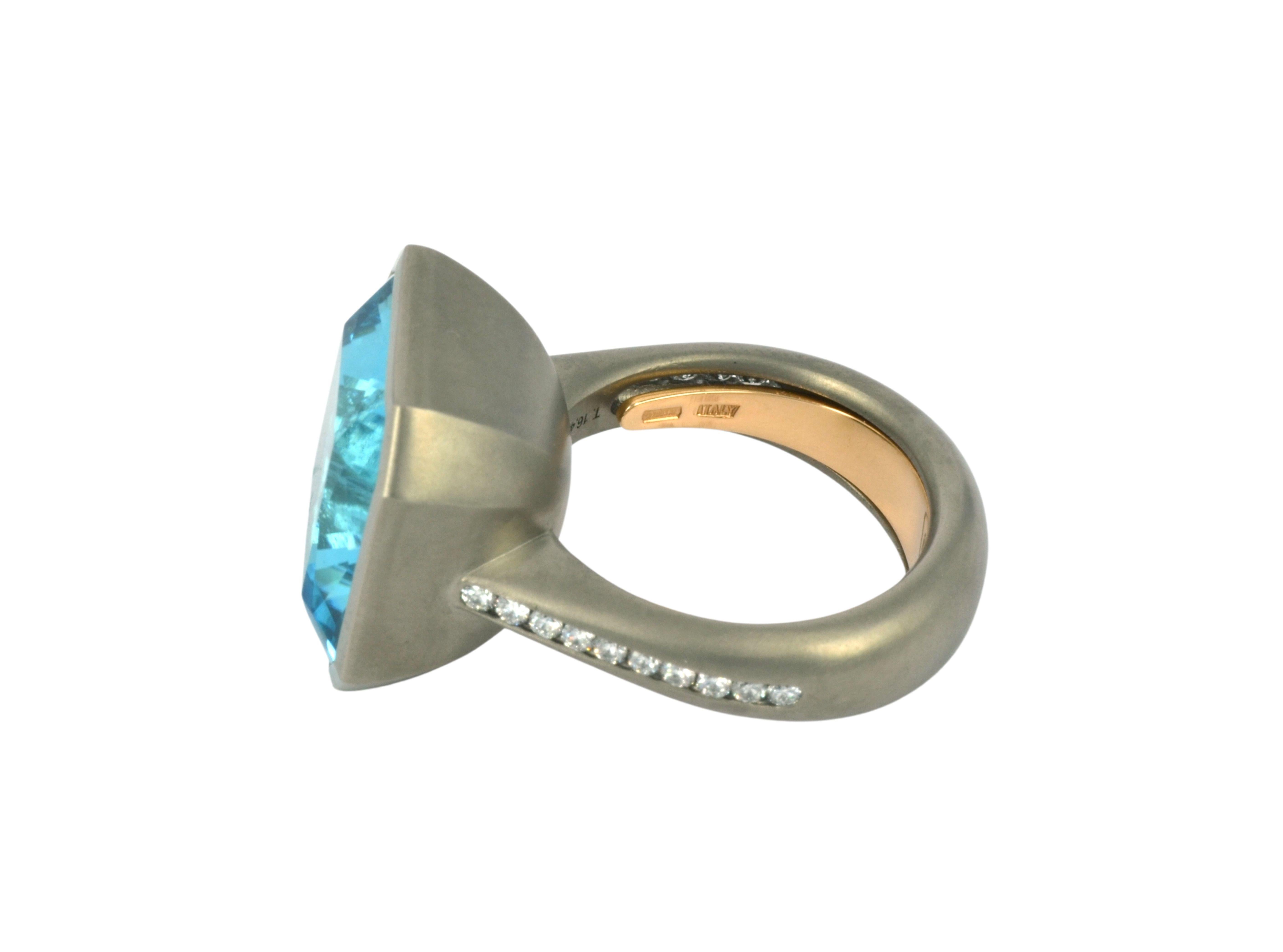 Octagon Cut Blue Topaz Diamonds 18 KT Rose Gold Titanium Made in Italy Ring