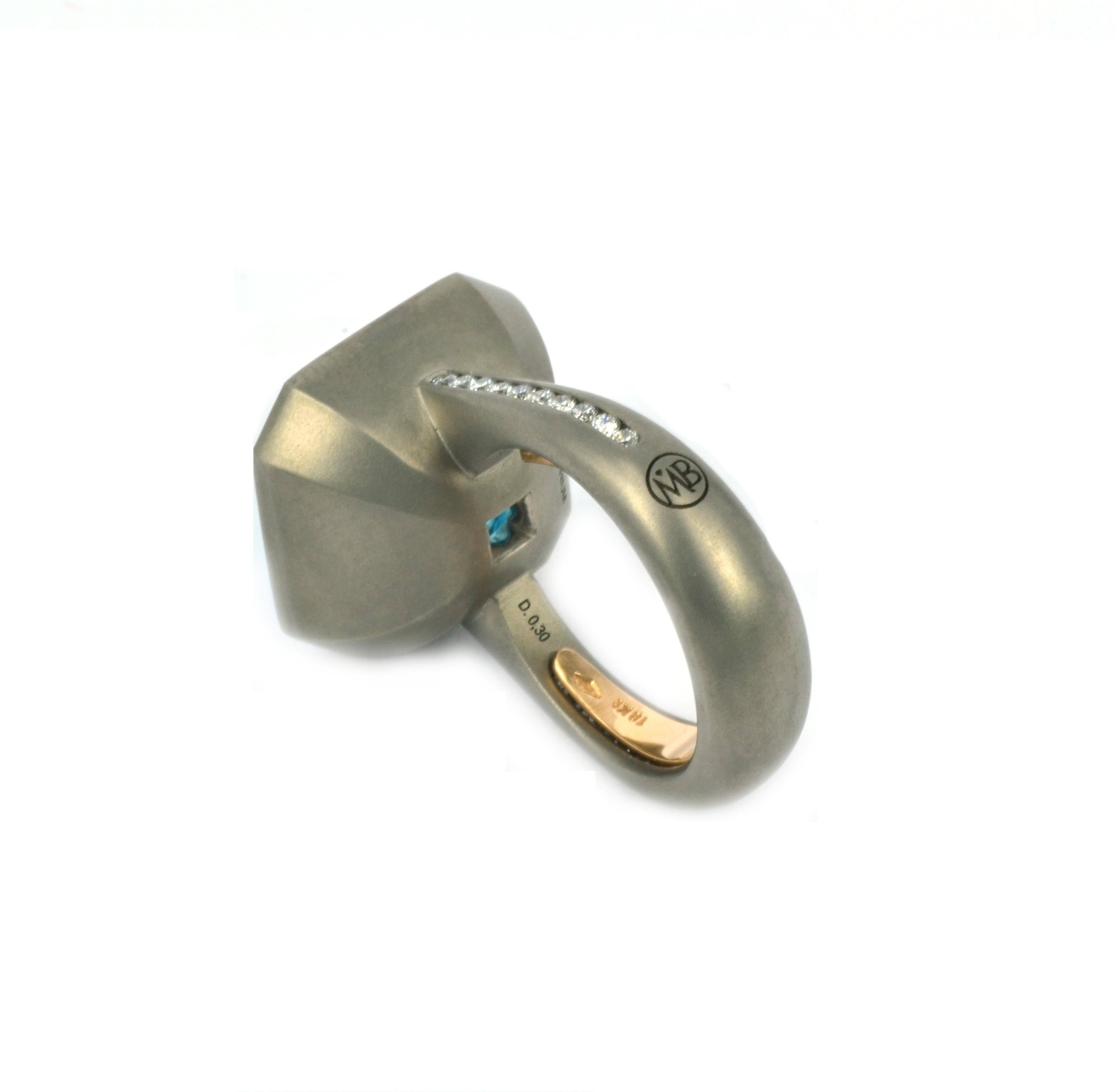 Women's or Men's Blue Topaz Diamonds 18 KT Rose Gold Titanium Made in Italy Ring