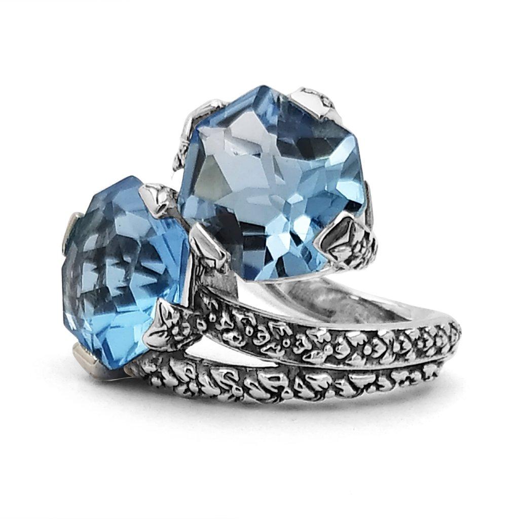 For Sale:  Blue Topaz Double Stone Ring with Engraved Sterling Silver 2