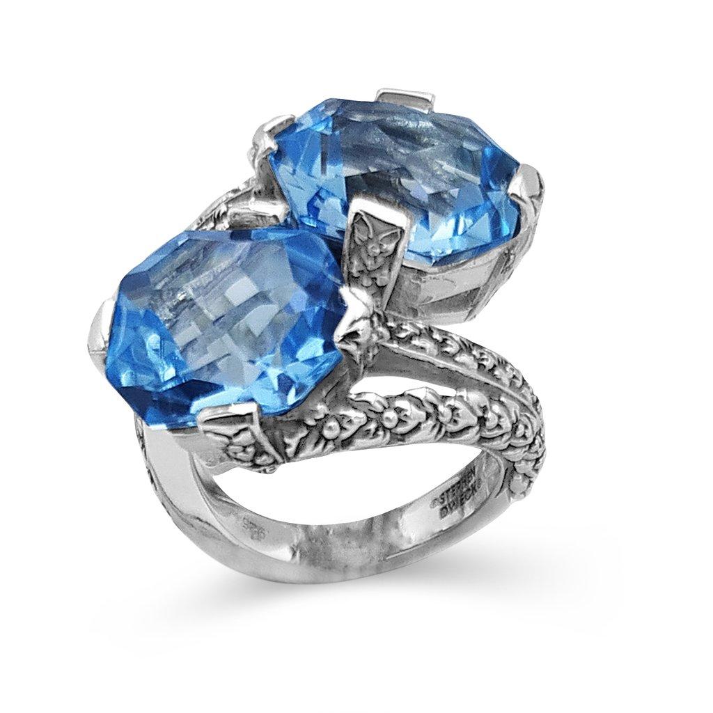 For Sale:  Blue Topaz Double Stone Ring with Engraved Sterling Silver 3