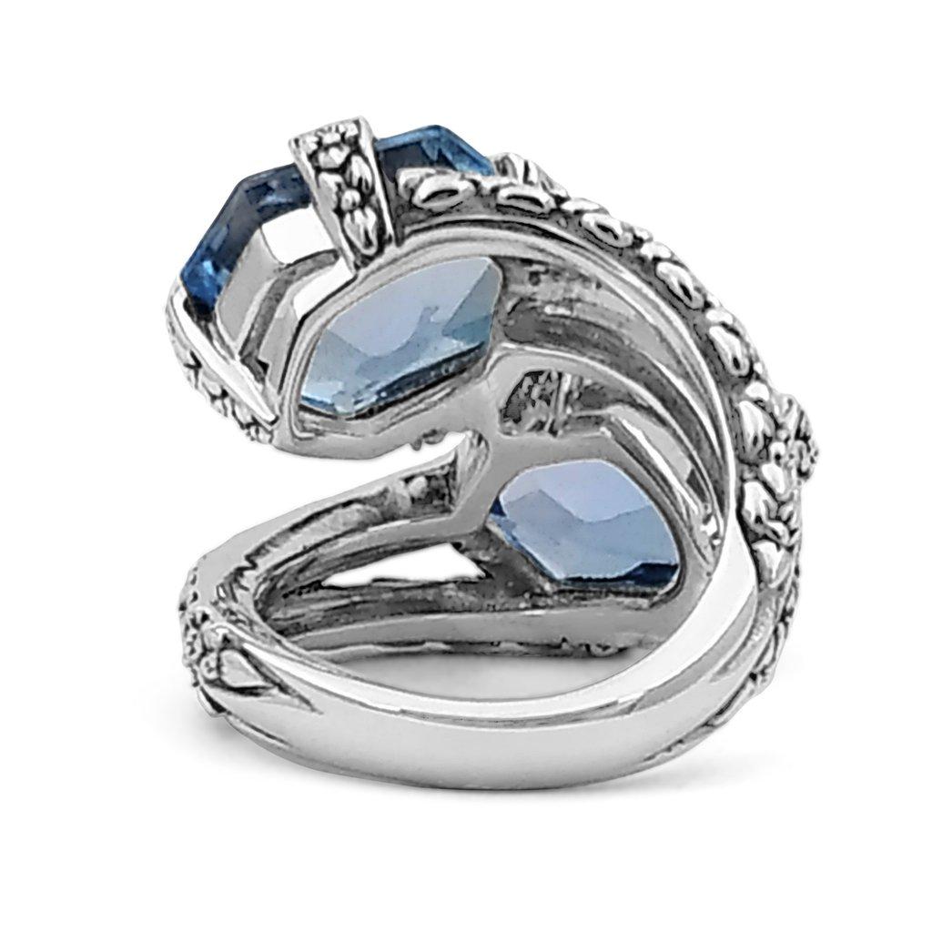 For Sale:  Blue Topaz Double Stone Ring with Engraved Sterling Silver 4