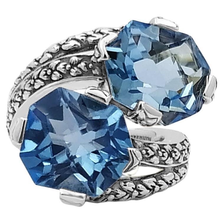 For Sale:  Blue Topaz Double Stone Ring with Engraved Sterling Silver