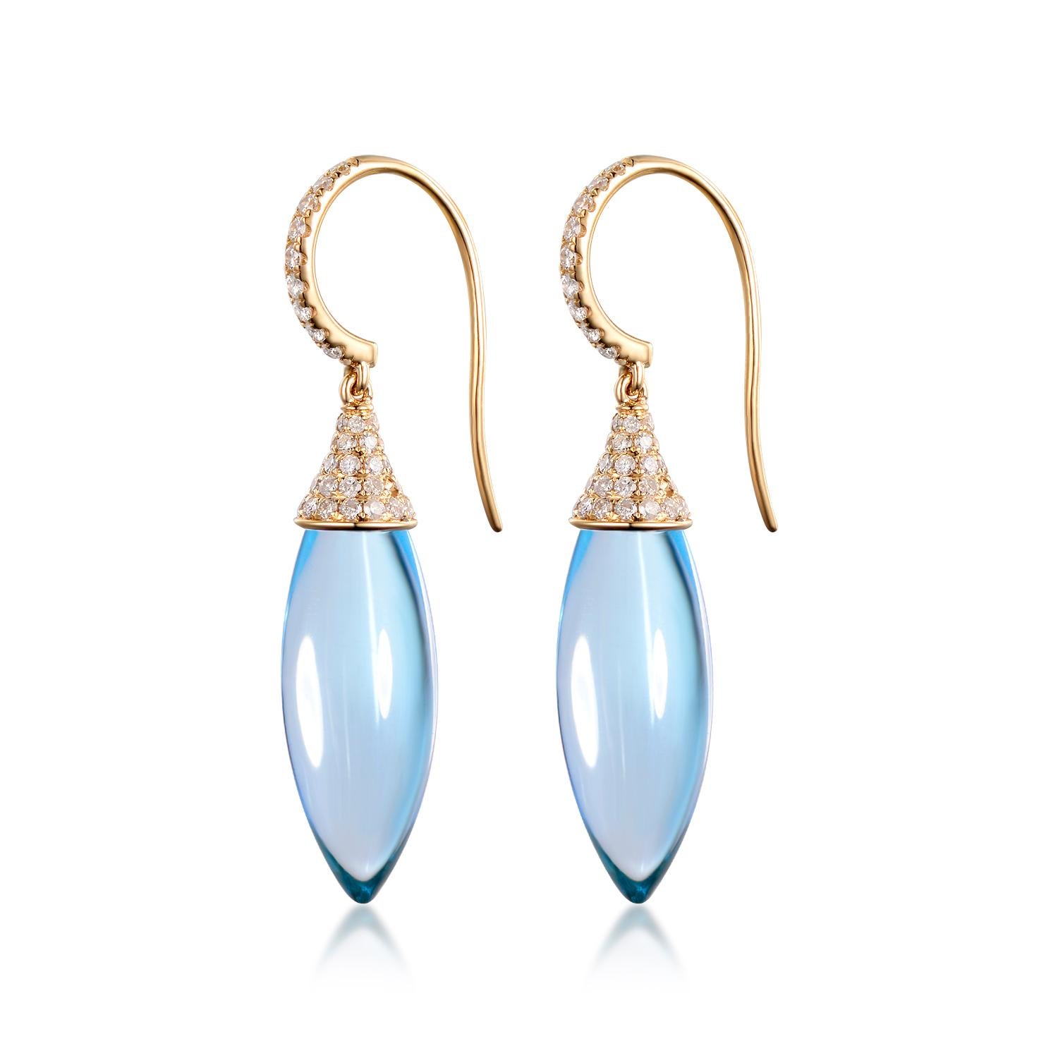 Introducing our exquisite Blue Topaz Drop Earrings, a stunning combination of elegance and sparkle. These captivating earrings feature a total of 25.29 carats of blue topaz, accented with 0.75 carats of brilliant white round diamonds at the