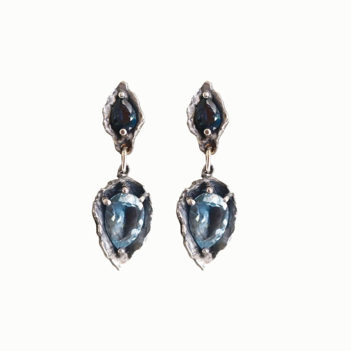 These drop earrings have sterling silver post backs and are solid sterling with London blue topaz and sky blue topaz pears.
These are beautiful statement pieces- They provide beautiful movement as they swing to the movement of your neck. Shown here