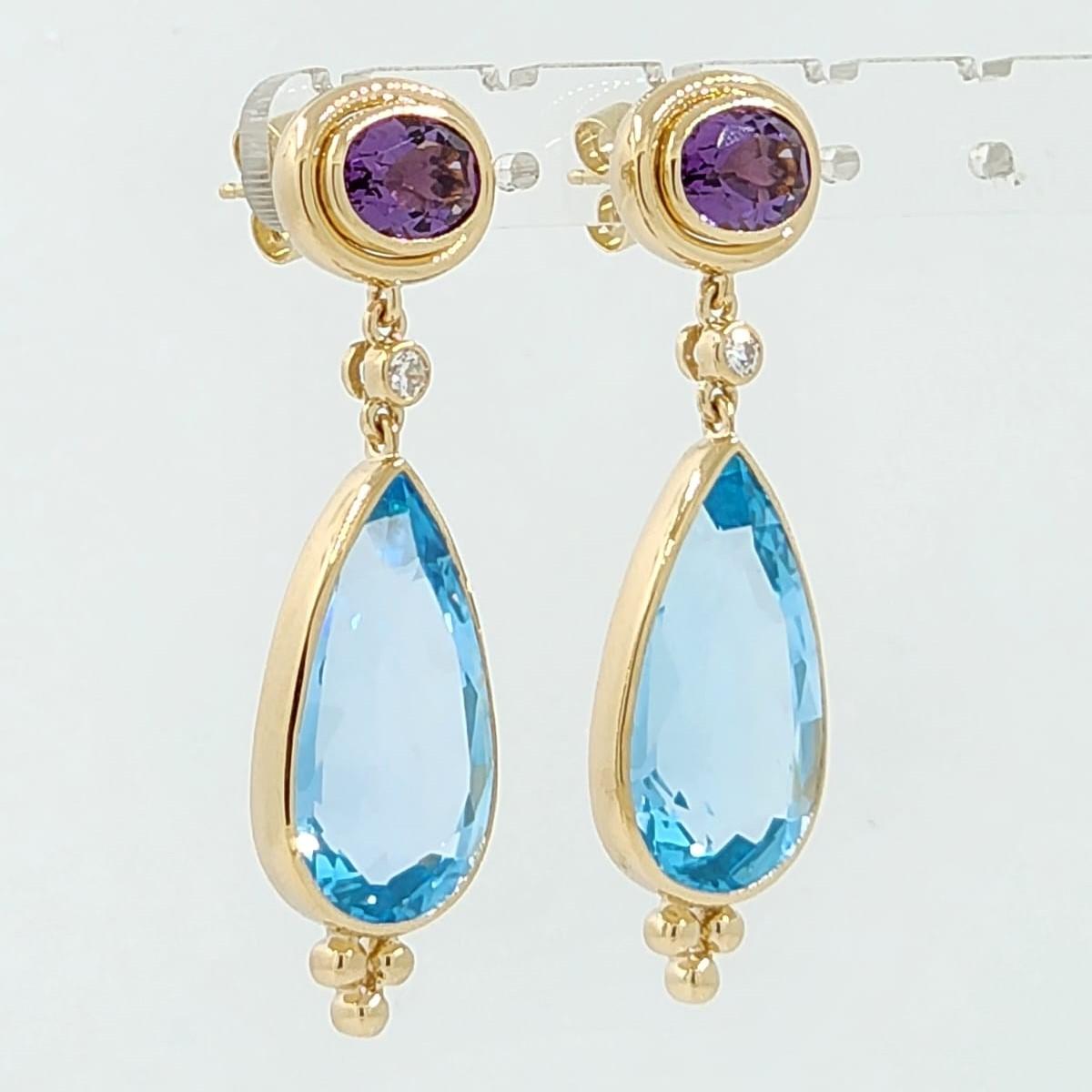 Art Deco Blue Topaz Drop Earrings in 14 Karat Yellow Gold For Sale
