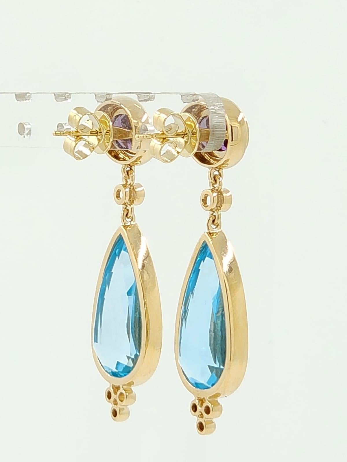 Blue Topaz Drop Earrings in 14 Karat Yellow Gold In New Condition For Sale In Hong Kong, HK