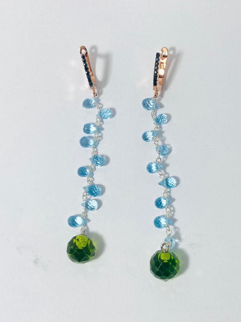 Modern Blue Topaz Drops 18k Gold 0.20c Black Diamonds Green Quartz Dangle Earrings For Sale