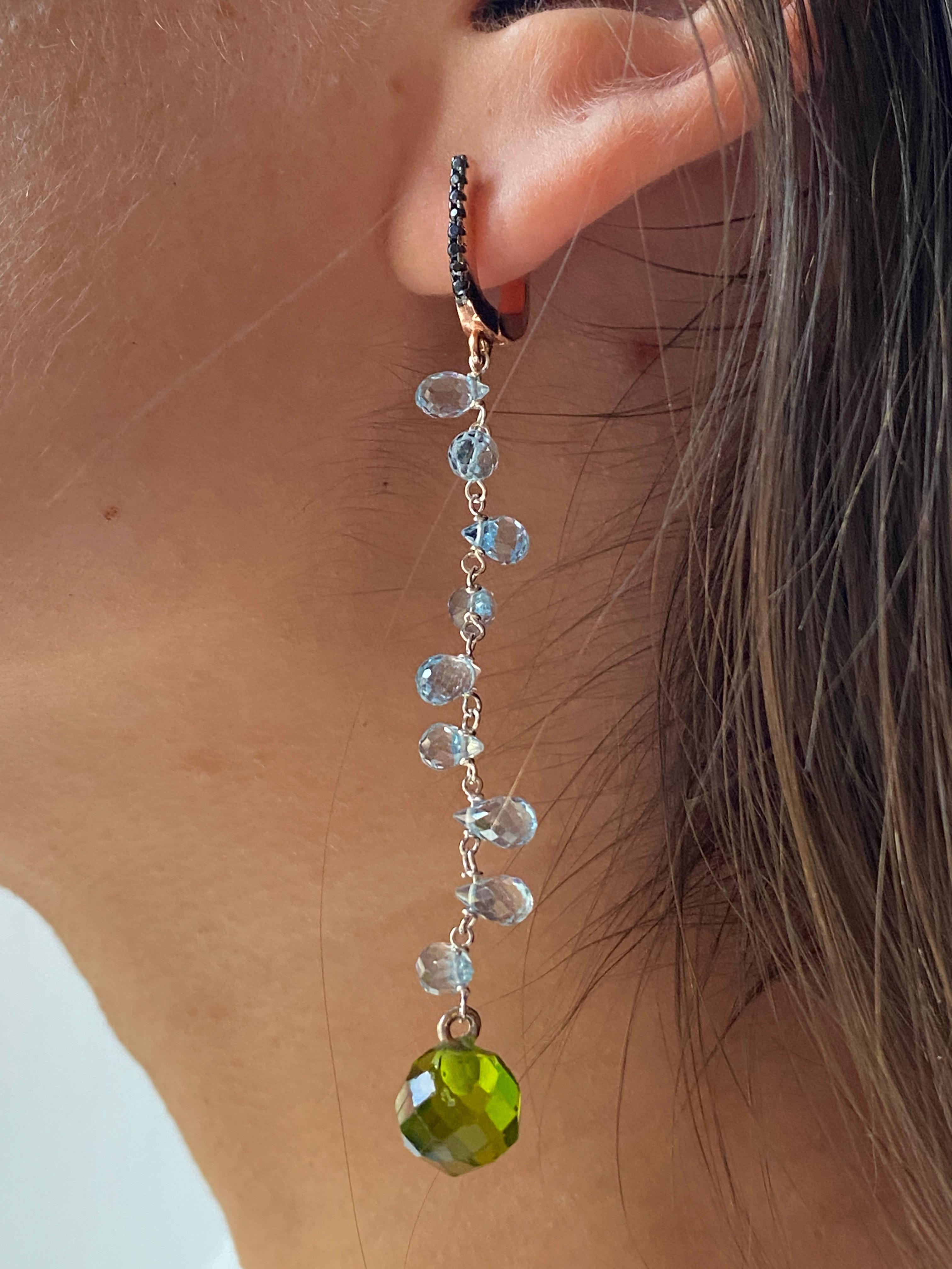 Blue Topaz Drops 18k Gold 0.20c Black Diamonds Green Quartz Dangle Earrings In New Condition For Sale In Rome, IT