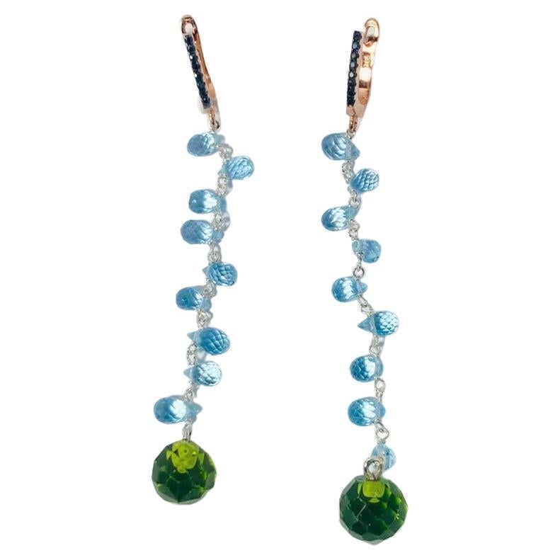 Blue Topaz Drops 18k Gold 0.20c Black Diamonds Green Quartz Dangle Earrings For Sale