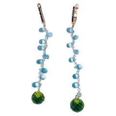Blue Topaz Drops 18k Gold 0.20c Black Diamonds Green Quartz Dangle Earrings