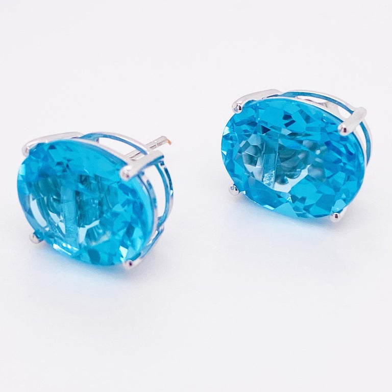 Blue Topaz Earrings, 14 Karat White Gold Large Oval Blue Stud Earrings