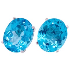 Boucles d'oreilles grandes clous d'oreilles en or blanc 14 carats avec topaze bleue ovale, grande pierre précieuse