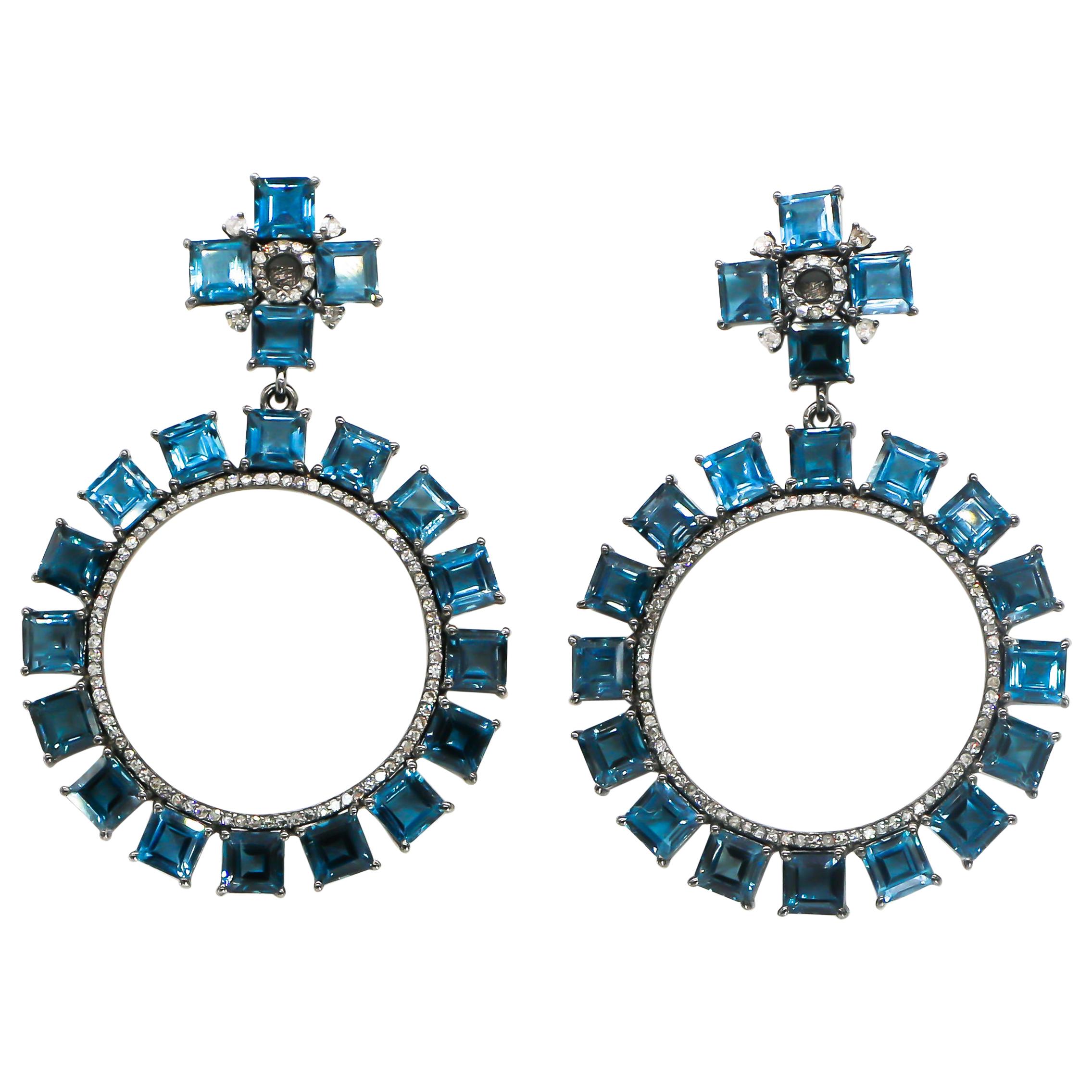 Blue Topaz Earrings 32.1 Carat with Diamonds 1.53 Carat