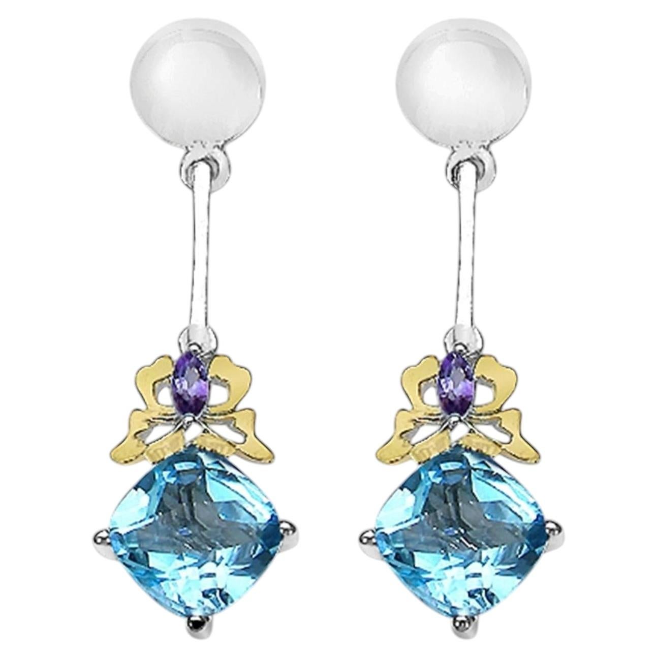 Blue Topaz Earrings With Amethyst 5.51 Carats Sterling Silver