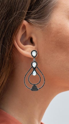 Blue Topaz Earrings With Black Spinel 8.78 Carats Sterling Silver
