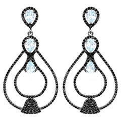 Blue Topaz Earrings With Black Spinel 8.78 Carats Sterling Silver
