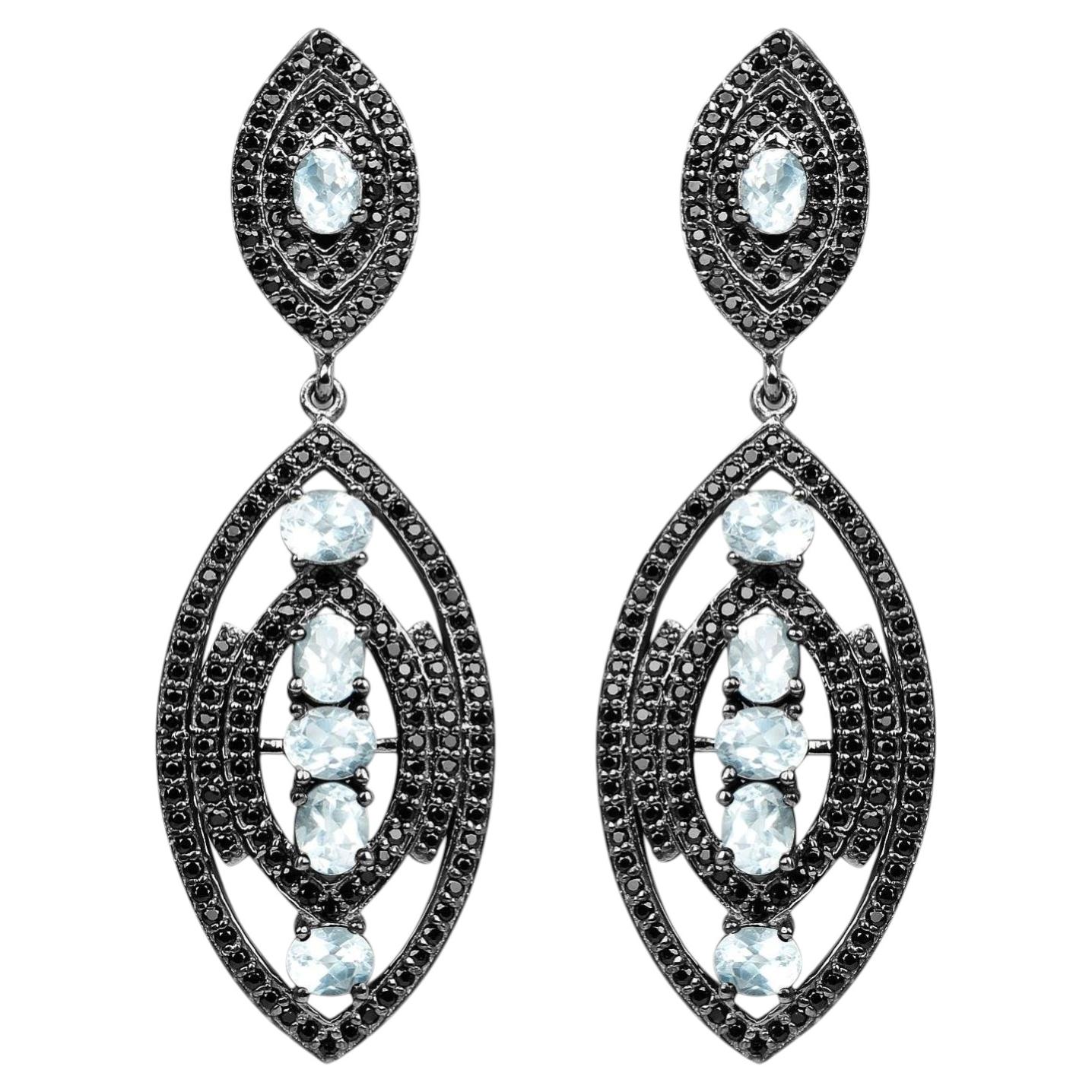 Blue Topaz Earrings With Black Spinel 8.78 Carats Sterling Silver