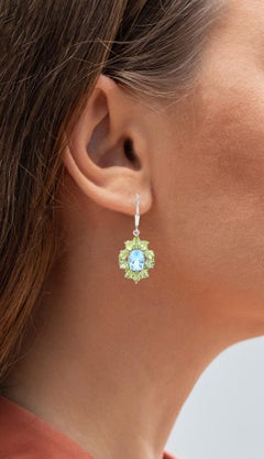 Blue Topaz Earrings With Peridot 8.08 Carats Sterling Silver