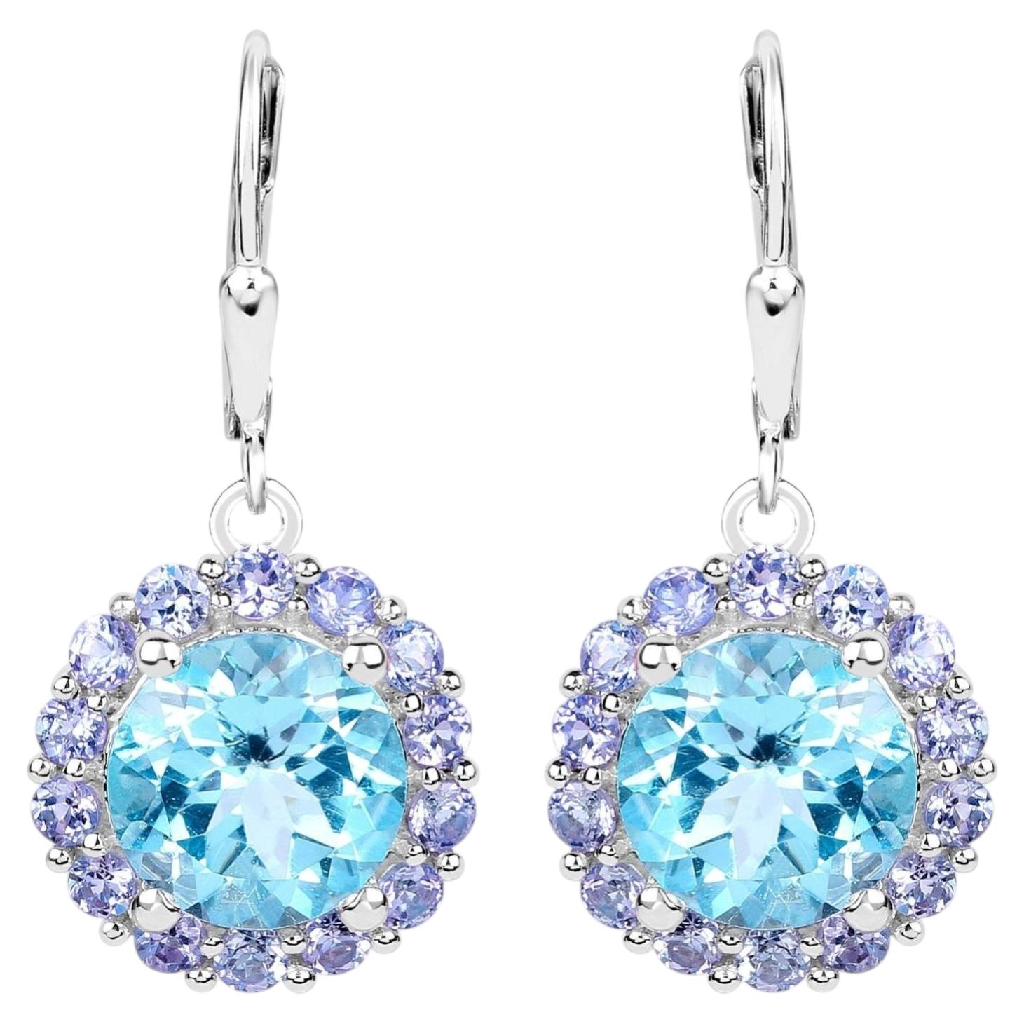Blue Topaz Earrings With Tanzanite 9.92 Carats Sterling Silver