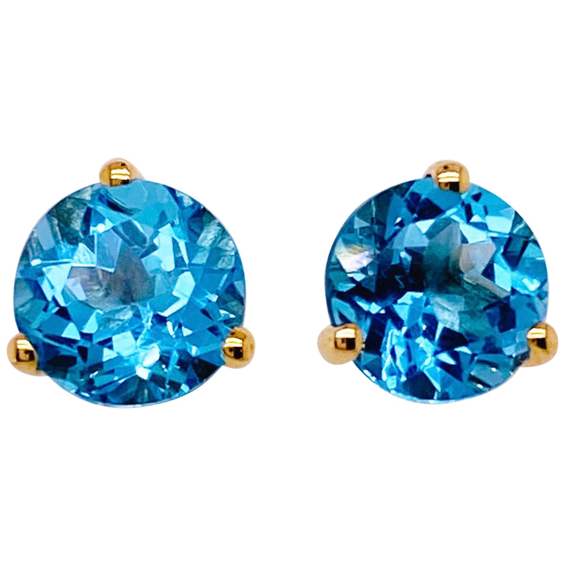 Clous d'oreilles en or jaune 14 carats avec topaze bleue, clous d'oreilles Martini 14 carats, 2,90 carats