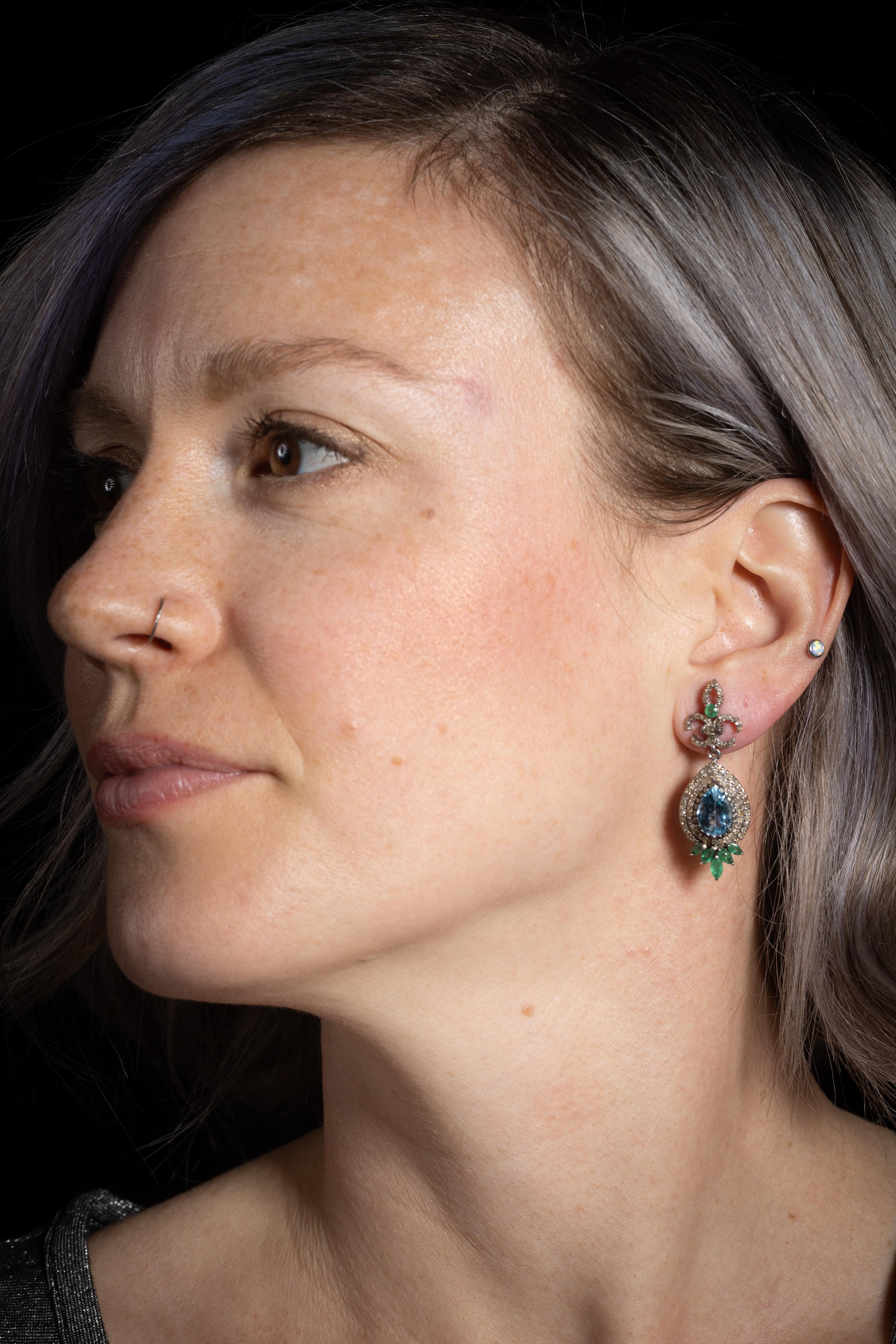 Blue Topaz, Emerald and Diamond Drop Earrings In Excellent Condition For Sale In Nantucket, MA