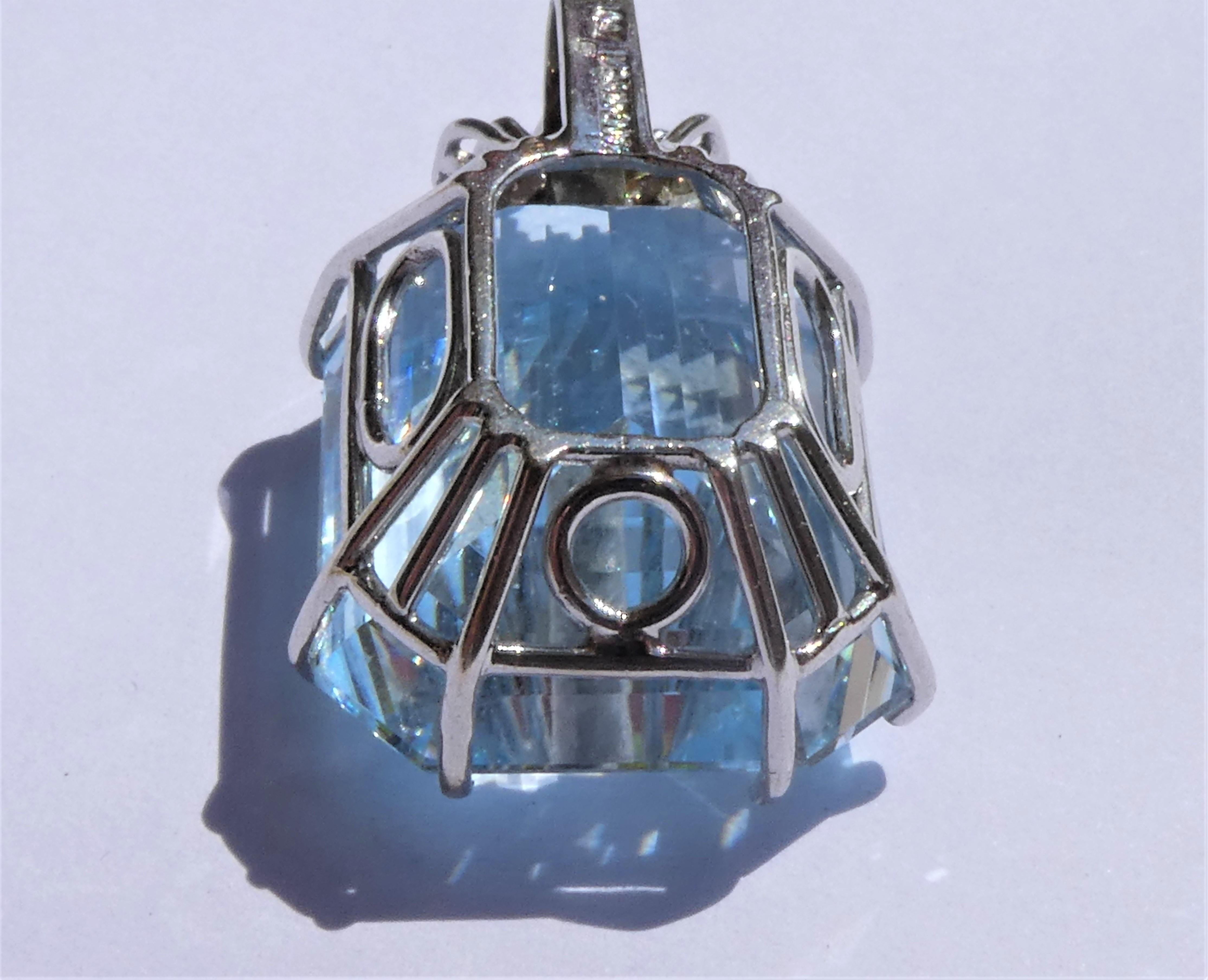 Blue Topaz Emerald Cut 18 Karat White Gold Diamonds Pendant For Sale 1