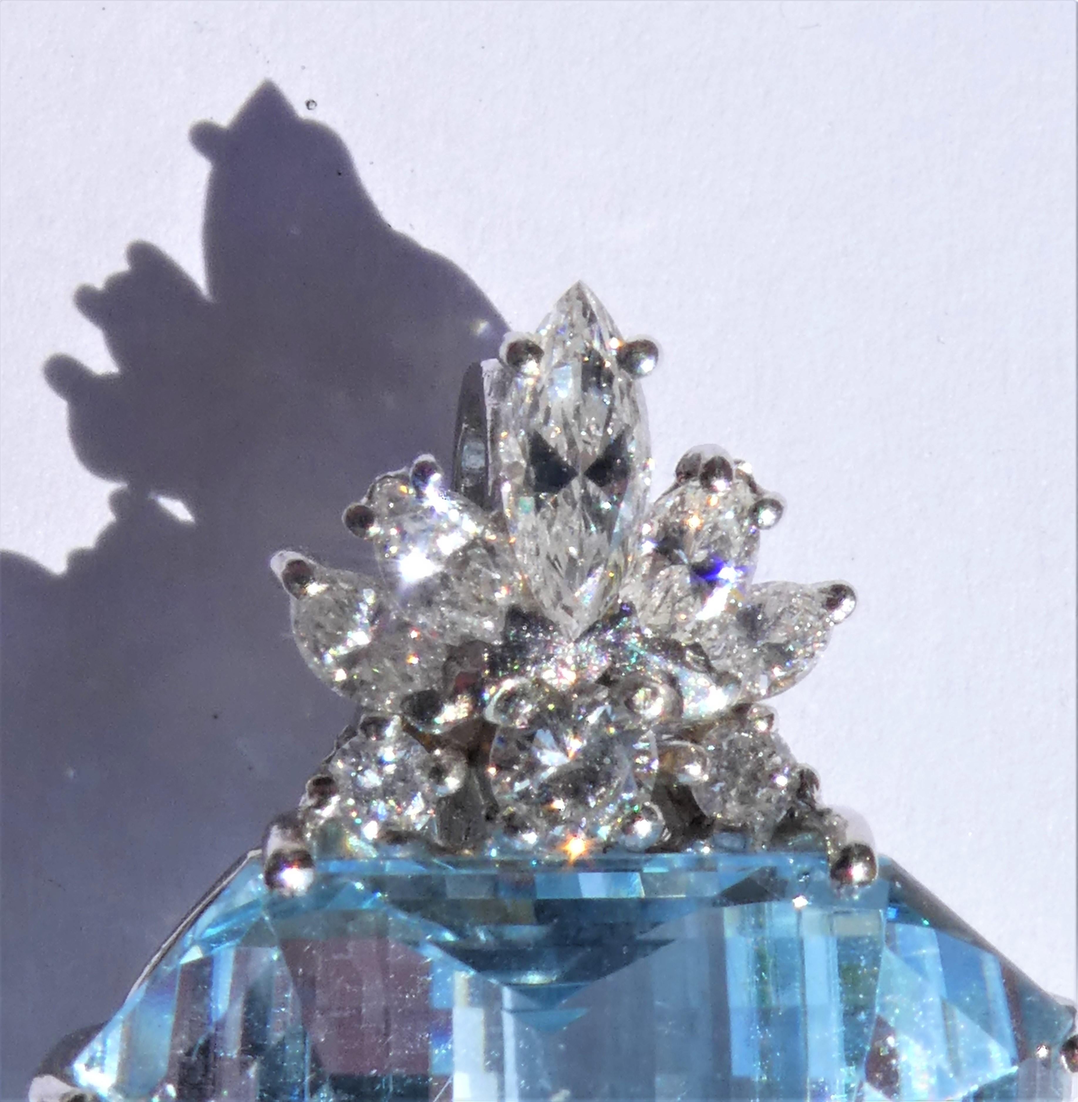 Blue Topaz Emerald Cut 18 Karat White Gold Diamonds Pendant For Sale 2