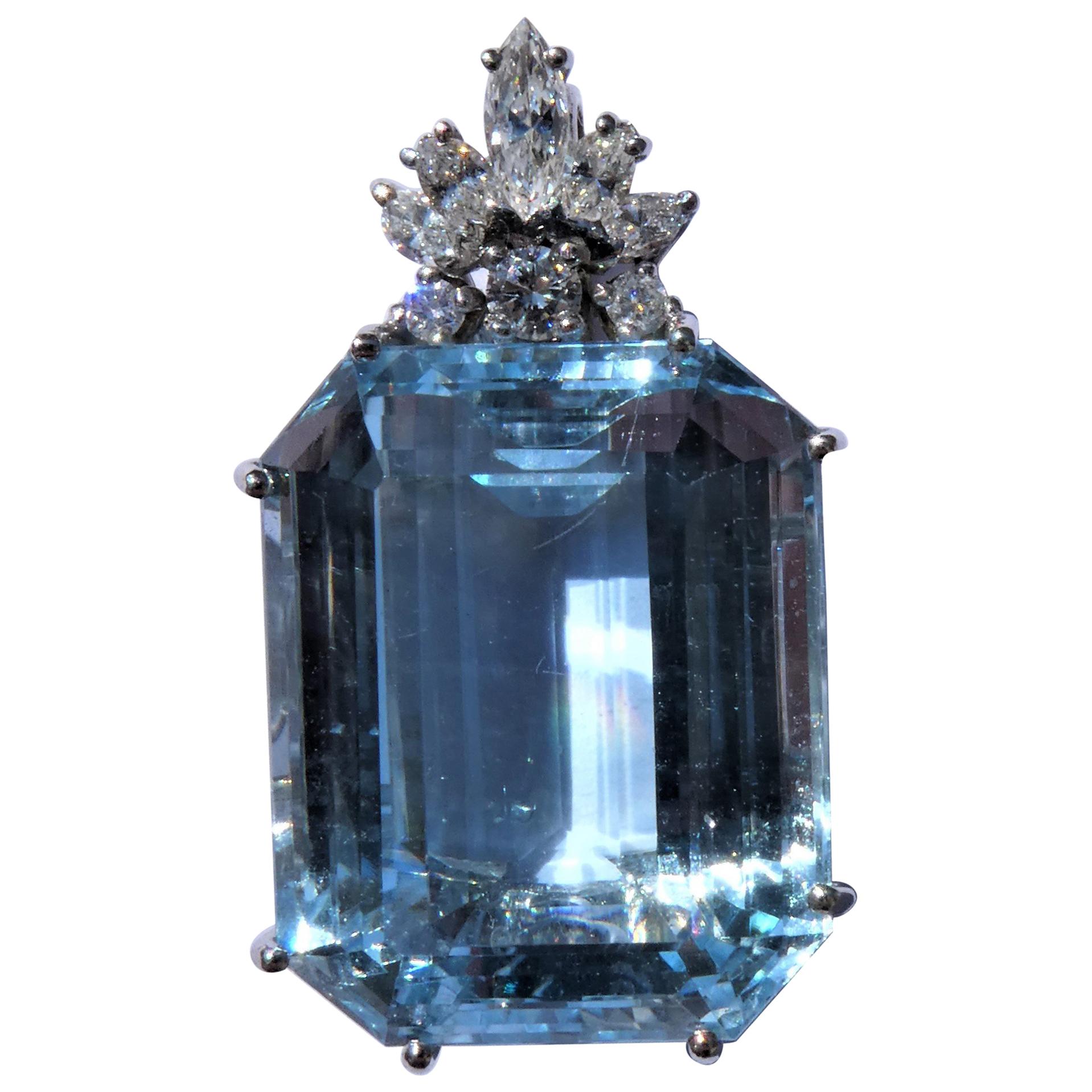 Blue Topaz Emerald Cut 18 Karat White Gold Diamonds Pendant For Sale