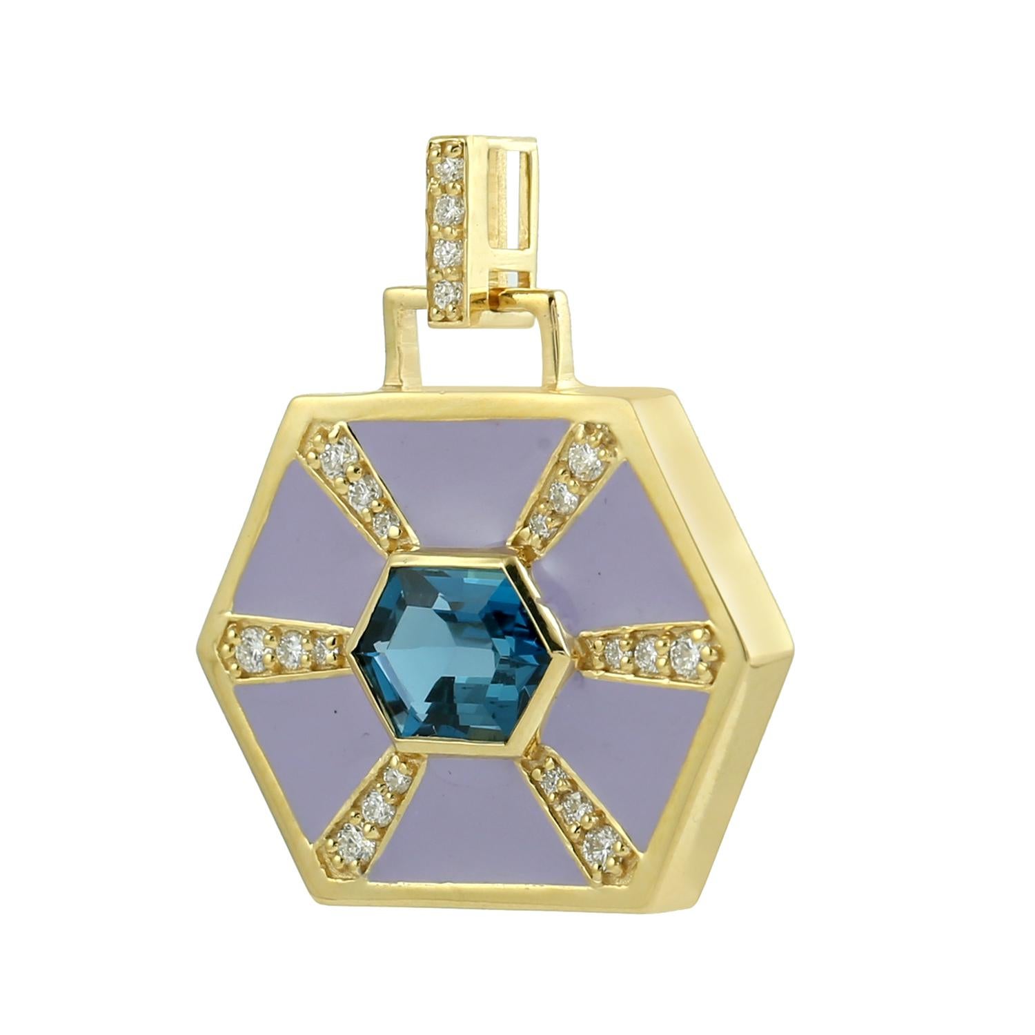 Art déco Pendentif émail topaze bleue avec diamants en or jaune 14k en vente
