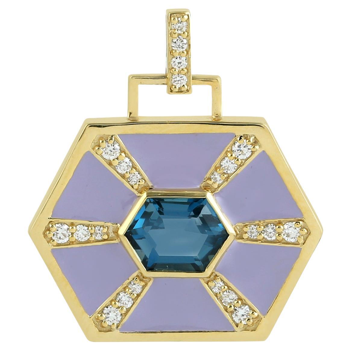 Pendentif émail topaze bleue avec diamants en or jaune 14k en vente